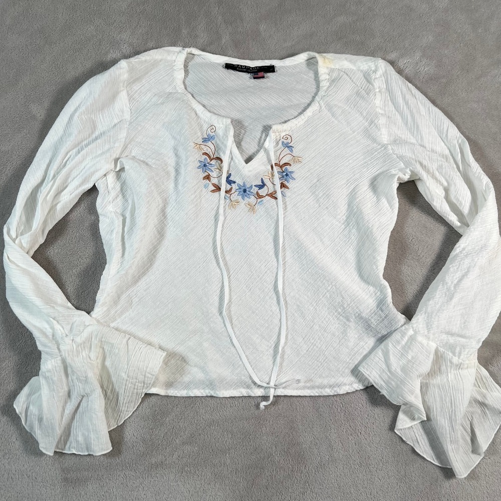 Rampage Bell Sleeve Blouse Women's Large White Floral Embroidered Tie Front Boho